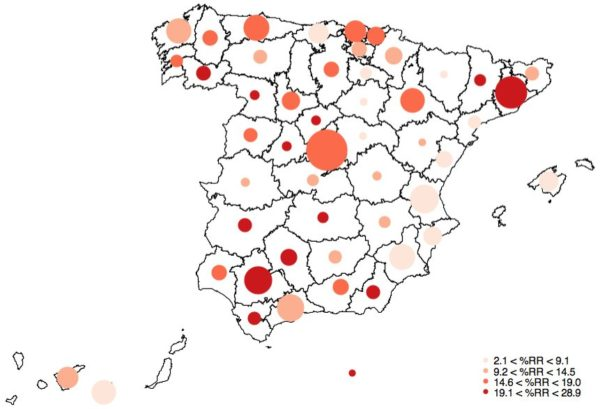 Mapa d'Espanya amb dades per ciutats sobre l'augment de la mortalitat relacionat amb les onades de calor