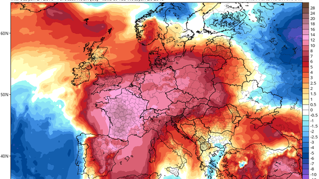 Mapa europeu amb anomalies de temperatura en un període d'onada de calor