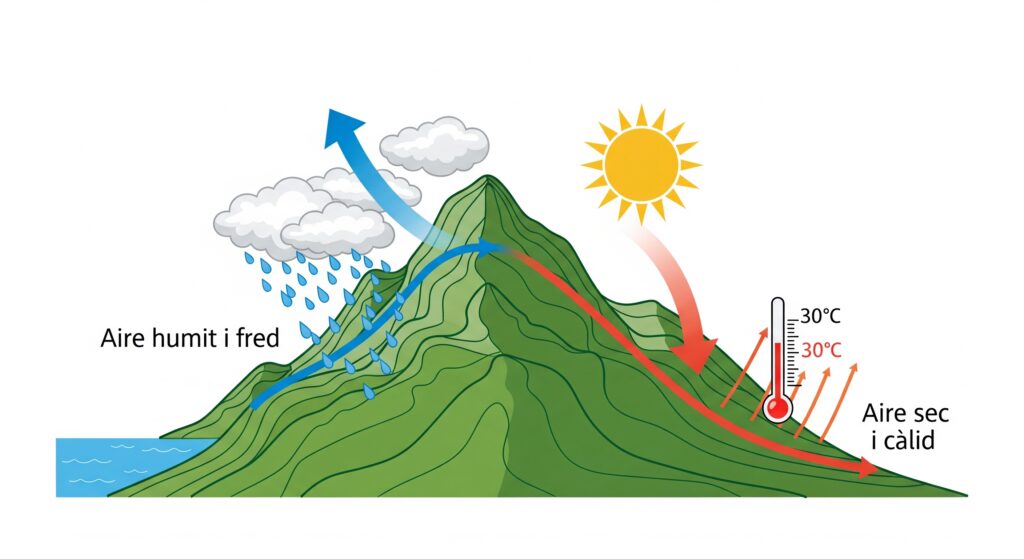 diagrama del funcionament de l'efecte foehn. Es veu una muntanya on, per la banda esquerra, arriba aire fred i humit, que quan ascendeix, deixa anar pluja, es rescalfa, i baixa sec i càlid per la banda dreta de la muntanya